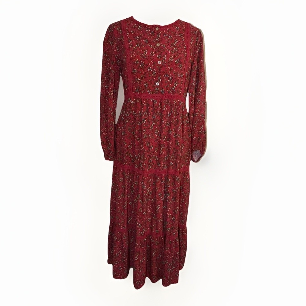 Max Studio Women's Red Floral Lace Trim Midi Dress Size XS Boho Cottagecore